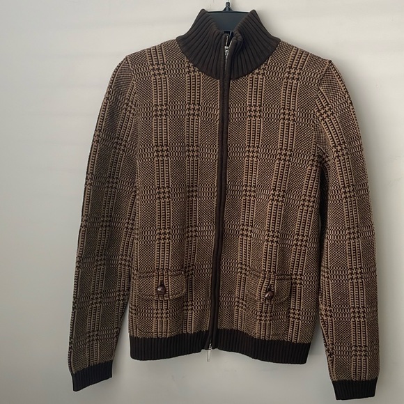 Laure Ralph Lauren Brown Houndstooth Plaid Knit Zip Jacket size Large - Picture 1 of 9